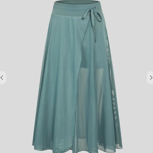 High Waisted Drawstring Contrast Mesh 2-in-1 Side Pocket Flowy Midi Flare Casual - Picture 3 of 6